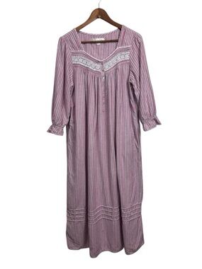 Eileen West Striped Pink Cotton Nightgown with Lace Yoke